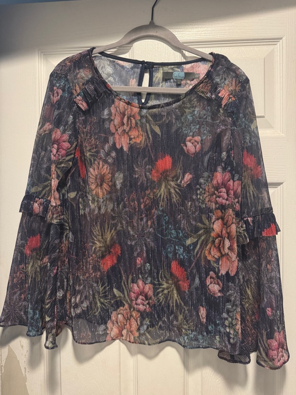 Eva Franco Navy Floral Ruffle-Sleeve Blouse